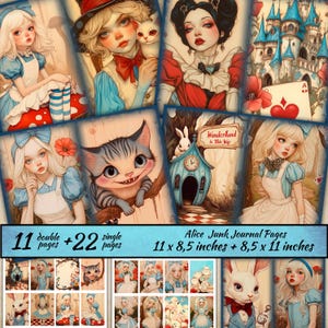 Kit de diário Alice Junk, kit de papel No País das Maravilhas, imprimível Alice, Chapeleiro Maluco, scrapbooking de fantasia, aventuras de Alice, Chapeleiro Maluco, cartões ATC