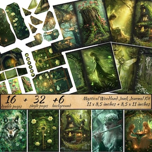 Fairy Junk Journal Folio Kit, Mystic Forest Seiten für Scrapbook, Fantasy Collage zum Ausdrucken, verzauberter Feenwald, Ephemera Journal Tasche
