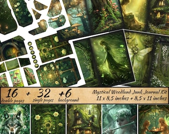 Kit de diario de hadas, páginas de bosque místico para álbumes de recortes, collage de fantasía imprimible, bosque encantado de hadas, bolsillo para diario efímero