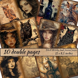 Schwarzes Witchy Junk Journal Papier, Schwarze Eulen Junk Journal Seiten, Dark Witch Fantasy, Magisches Witchy Junk Journal Kit, Halloween Digi Kit Goth