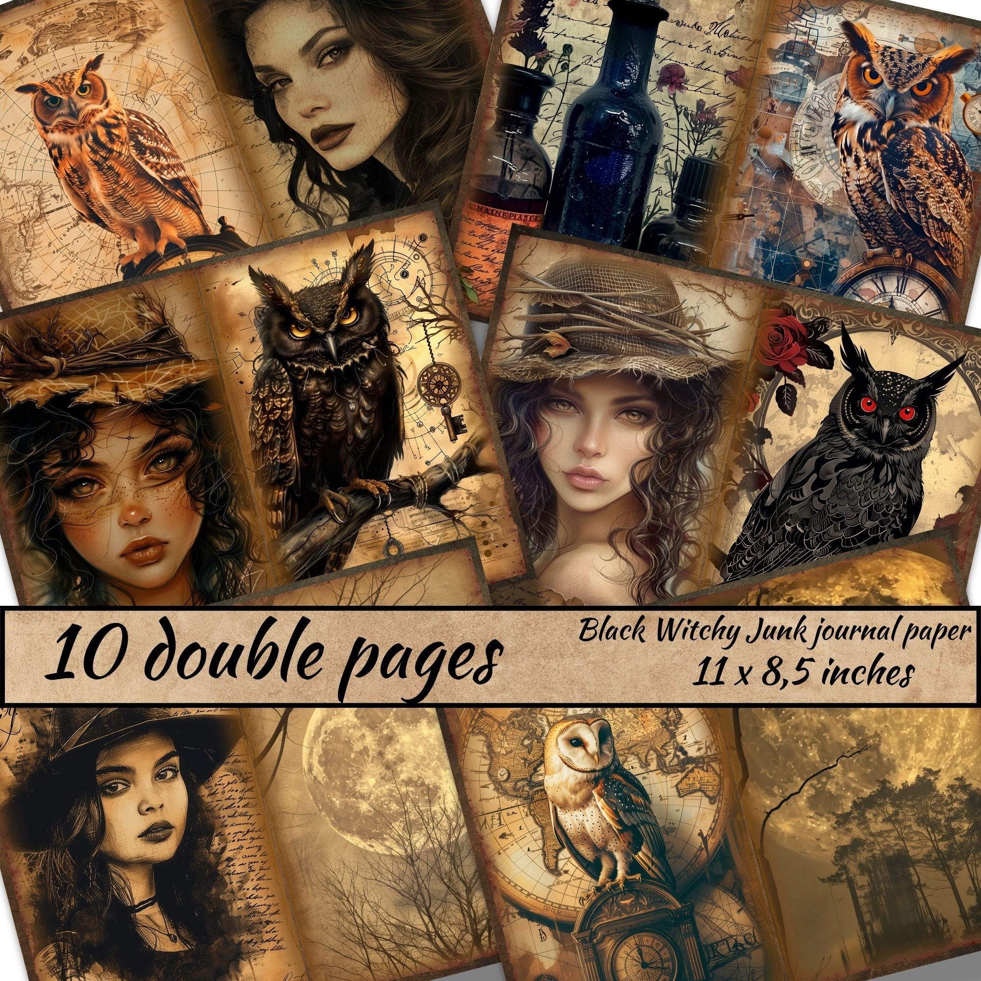 Black Witchy Junk journal paper, Black Owl Junk Journal Pages, Dark Witch Fantasy, Magical Witchy Ju