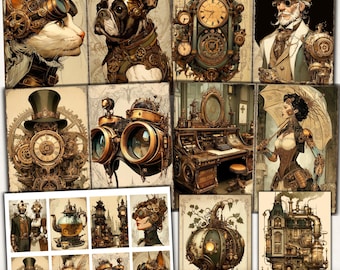 Vintage Steampunk Junk Journal Kit, Mechanical Scrapbook Kit, Vintage Ephemera, Grunge Victorian Steampunk, Industrial Printable Background