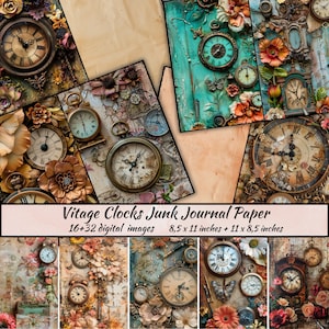 Relógios vintage, papel de diário lixo, impressão vitoriana, kit de álbum de recortes mecânico, coisas efêmeras vintage, pacote de diário lixo Steampunk, relógio antigo