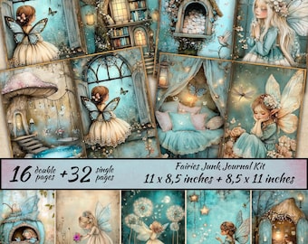Kit de diario basura de hadas, página de diario basura encantada, scrapbooking, hada de la pradera, bosque encantado, país de las hadas mágico, hoja de collage de fantasía