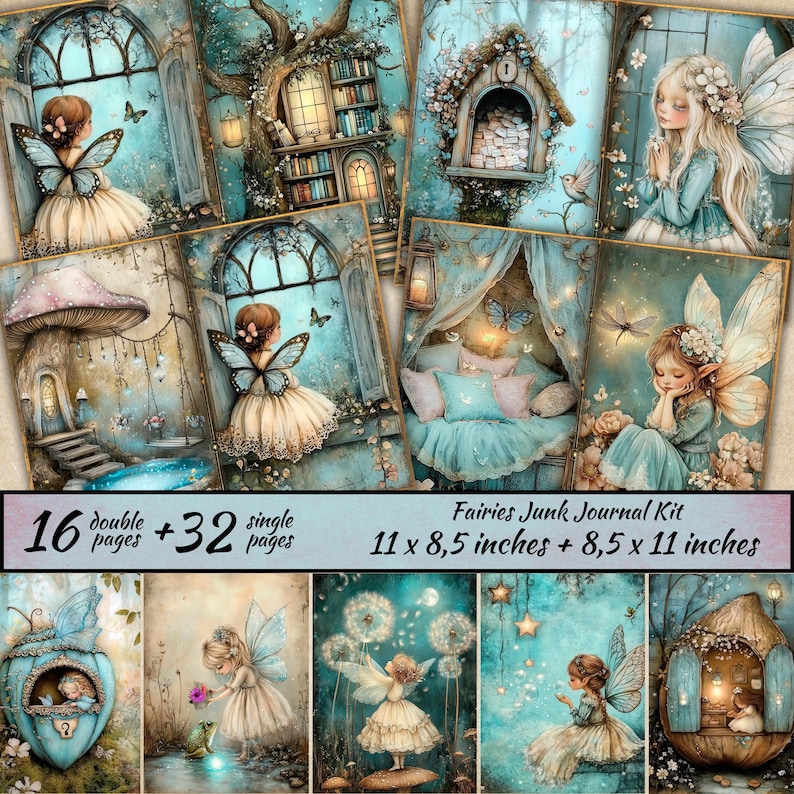 May include: A set of fairy-themed journal pages in blue, beige, and brown tones. The pages depict fairies, fantastical houses, and nature scenes. The kit includes 16 double pages and 32 single pages, sized 21.6 x 27.9 cm and 21.6 x 27.9 cm.