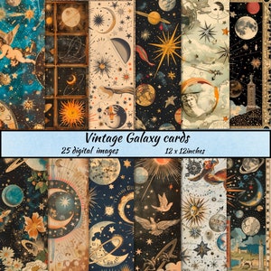Páginas de diario celestial, páginas vintage, álbumes de recortes, creación de tarjetas, hoja de collage digital de astrología y astronomía, papel efímero de galaxia