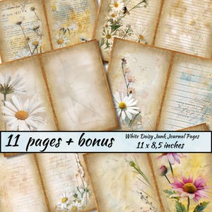 Páginas de diario basura de Daisy blanca, Daisy Ephemera, kit imprimible de diario basura, papel de scrapbooking vintage, kit de diario basura botánico vintage