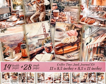 Cozy Watercolor Coffee Junk Journal Kit, Vintage Scrapbook Paper Collage Sheet, Printable ATC card