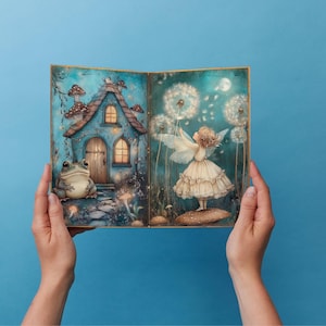 May include: An illustrated open book with a fantasy theme. The left page shows a blue cottage and a frog, while the right page depicts a fairy with dandelion seeds. The artwork uses soft colours and evokes a magical atmosphere.