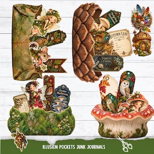 May include: A collection of woodland-themed paper ephemera featuring fairy illustrations, mushrooms, owls, and forest animals. The set includes decorative pockets, tags, and labels with text like Hedgehog Mushroom, Autumn Leaf Voucher, and Forest Finds.
