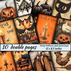 May include: Ten double-sided pages of vintage Halloween themed junk journal paper. The pages feature images of pumpkins, roosters, cats, corn, candles, and the text "trick or treat".