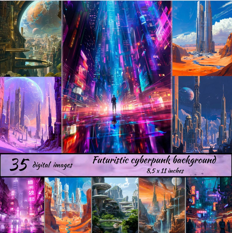 Op de afbeelding: Een verzameling van 35 digitale afbeeldingen met futuristische cyberpunk-stadsgezichten. De afbeeldingen zijn in verschillende stijlen, sommige met neonverlichting, vliegende auto's en torenhoge wolkenkrabbers. De afbeeldingen zijn perfect om te gebruiken als achtergronden, wallpapers of om je eigen cyberpunk-kunst te maken.