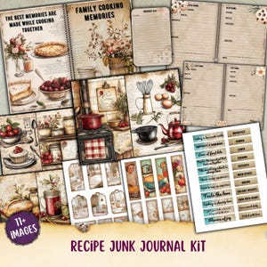 Kitchen Junk Journal Kit, digitaal collageblad, zaktag woord kortstondig, bewerkbaar receptenboek, kookboek digitaal papier, afdrukbare foliokit