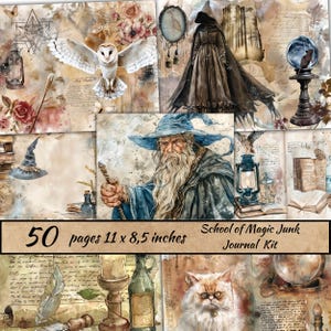 Kit de diario basura de la Escuela de Magia, kit de diario basura de Magic, hojas de collage digital de Wizard, diario basura de Wizards and Books, material efímero digital