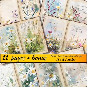 Daisy Junk Journal Pages, Daisy Ephemera, carta stampabile per junk journal, carta per scrapbooking vintage, kit stampabile estivo, arte dei fiori selvatici