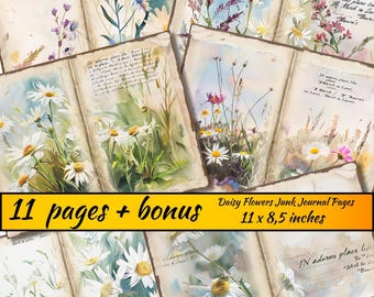 Daisy Junk Journal Pages, Daisy Ephemera, printable paper for junk journal, Vintage Scrapbooking paper, Summer Printable Kit,Wild flower art