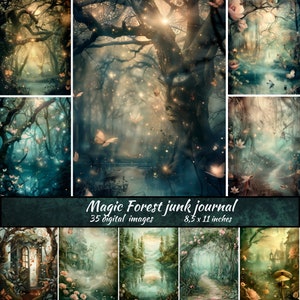 Arrière-plans de forêt magique pour journal indésirable, collage forestier imprimable, journal numérique indésirable, album imprimable forêt magique, papier de scrapbooking