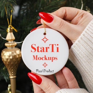 PSD ornament mockup Christmas ornament mock up White round ceramic tree ornament POD listing image