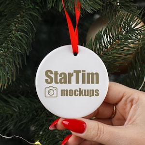 Printify ceramic ornament mock up with hand Christmas ornaments mockup PSD