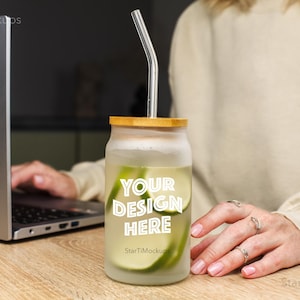 Frosted glass can mockup Sipper glass mock-up 16oz  Realistic glass tumbler mock Aesthetic beer can glass with bamboo lid