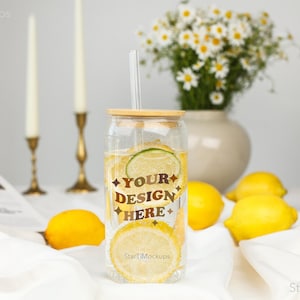 Sipper glass 16oz mockup Glass can mock up Realistic libby cup mock Aesthetic glass tumbler with lid and straw