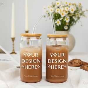 Glass can mock up Sipper glass mockup 16oz  Realistic glass tumbler mock-up Aesthetic beer can glass with bamboo lid