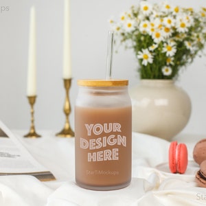 Frosted glass can mockup Sipper glass mock-up 16oz  Realistic glass tumbler mock Aesthetic beer can glass with bamboo lid