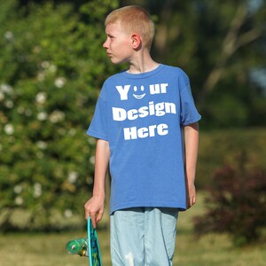 Kids Comfort Colors 9018 Flo Blue mockup Kids shirt mockup Youth mockup Outdoor Lifestyle