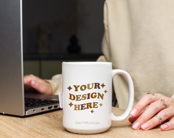 Tea cup mockup 15 oz Realistic mock up mug Printify ceramic mug mock-up with model