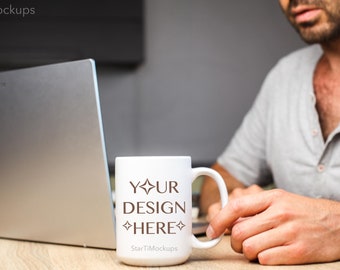 Masculine mug mockup 15oz Realistic mock up mug with man Trendy coffee cup mock
