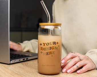Libbey glass mockup 16 oz Sipper glass mock-up Trendy glass can mock Realistic beer can glass with lid