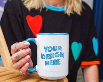 Accent mug mockup 15 oz Blue handle two tone mug mock up Cute colored coffee mug mock