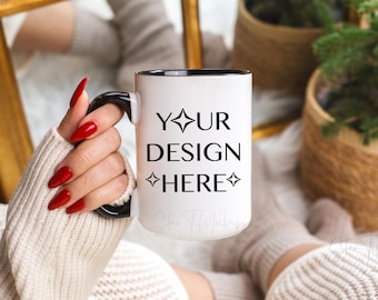 Accent coffee mug mockup 15 oz Colorful mug mockup Two tone cup mockup Black handle