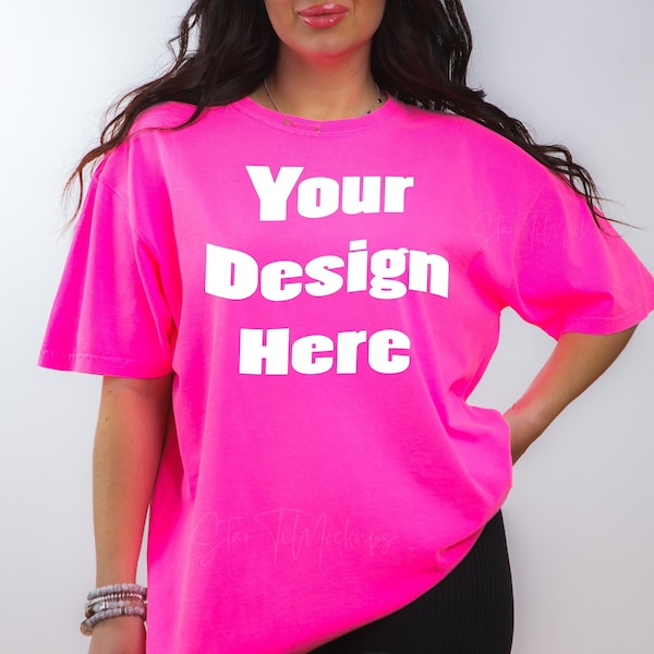 Comfort Colors C1717 Neon Pink mockup Oversized tshirt mockup Real model mockup Basic Casual Simple