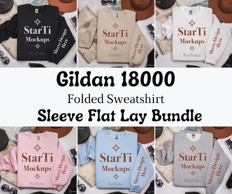 Pu&ograve; includere: Un set di felpe Gildan 18000 piegate in nero, beige, rosa chiaro, blu chiaro e grigio. Ogni felpa ha il testo "StarTi Mockups" stampato sul davanti con una forma di diamante e il testo "Sleeve Design Here" stampato sulla manica.