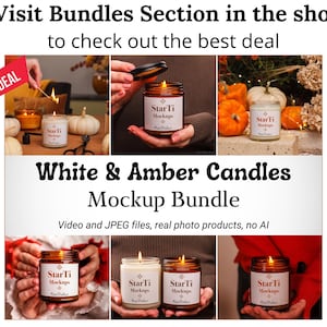 May include: Image showcasing a mockup bundle of white and amber candles. The image includes several lit candles in glass jars, pumpkins, and the text "White & Amber Candles Mockup Bundle". The text "GREAT DEAL" is also visible.
