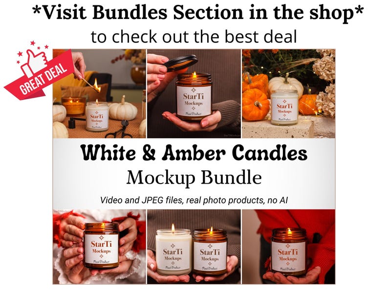 May include: Image showcasing a mockup bundle of white and amber candles. The image includes several lit candles in glass jars, pumpkins, and the text "White & Amber Candles Mockup Bundle". The text "GREAT DEAL" is also visible.