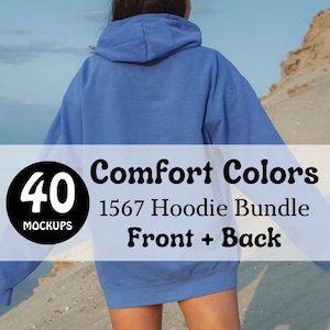 Puede incluir: Una maqueta de sudadera azul con el texto "40 Mockups Comfort Colors 1567 Hoodie Bundle Front + Back" sobre un fondo blanco.