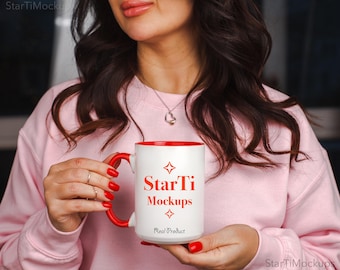 Valentine mug mockup Colored handle mug 15oz Two tone accent mug mock up Real model
