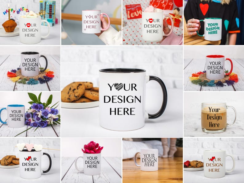 K&ouml;nnte beinhalten: Eine Sammlung von 11 wei&szlig;en Keramikbechern mit schwarzen Griffen. Die Becher haben einen schwarzen Rand und sind mit dem Text "Your Design Here" verziert. Einige Becher haben ein Herzdesign, w&auml;hrend andere einen roten Rand haben. Die Becher werden auf verschiedenen Oberfl&auml;chen pr&auml;sentiert, darunter ein Holztisch, eine wei&szlig;e Backsteinwand und eine wei&szlig;e Oberfl&auml;che mit einem Blumenarrangement.