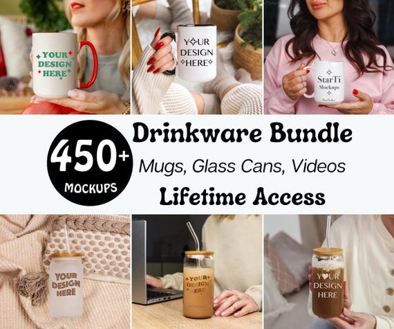 Drinkware mockup bundle Glass can mockup Video Mug mockups Accent coffee cup Whole shop bundle