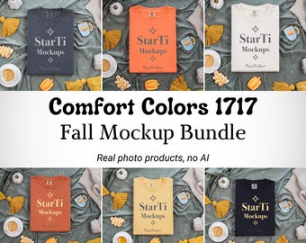 Pacchetto mockup autunnale di T-shirt Comfort Colors 1717 / Pacchetto mockup di T-shirt 1717 piegata e distesa / Foto reale / Maglietta estetica autunnale