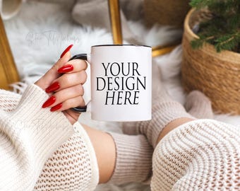 Accent coffee mug mockup 11 oz Colorful mug mockup Two tone cup mockup Black handle