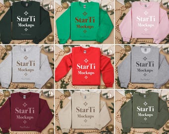 11X Gildan 18000 Christmas Sweatshirt Mockup Bundle | G180 Crewneck Flat Lay Folded Mock | Trendy Festive Xmas Holiday Aesthetic
