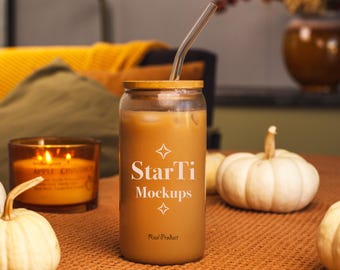 Sipper glass mockup 16oz Libbey glass can mock-up Real product mock Iced coffee Fall Halloween Glass cup