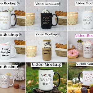 K&ouml;nnte beinhalten: Neun verschiedene Becher-Mockups mit verschiedenen Hintergr&uuml;nden. Jeder Becher ist wei&szlig; mit einem schwarzen Henkel und der Aufschrift "Your Design Here".