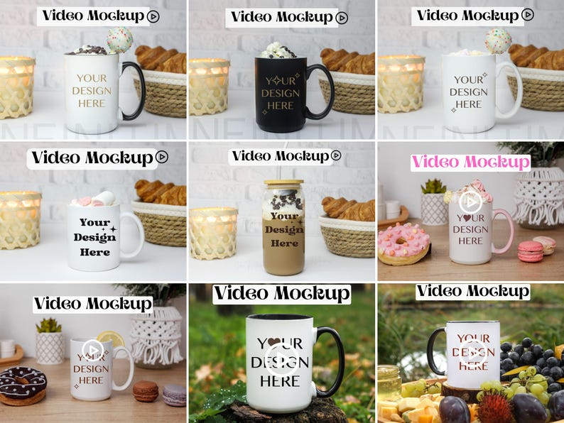 K&ouml;nnte beinhalten: Neun verschiedene Becher-Mockups mit verschiedenen Hintergr&uuml;nden. Jeder Becher ist wei&szlig; mit einem schwarzen Henkel und der Aufschrift "Your Design Here".