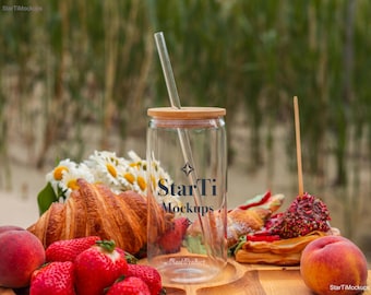 Sipper glass mockup 16oz Summer Libbey glass can mock-up Iced coffee Glass cup Outdoor Drinkware