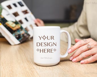 Coffee mug mockup 15 oz Real mock up mug Printify ceramic mug mock-up with book