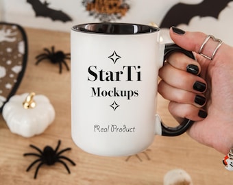 Halloween mug mockup 15oz Two tone mug mockup Accent Black handle coffee mug mock up Fall cup mockup